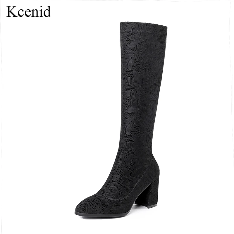 

Kcenid Newest black floral lace pointed toe high heels knee-high boots ladies sexy thigh high boots women fashion stretch shoes