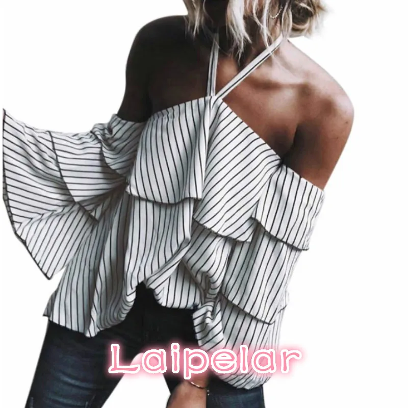 

Summer Women Striped Blouse Fashion Casual Blue Off Shoulder Long Sleeve Halter Chocker Blouse Women Loose Tops Blusas Vestidos