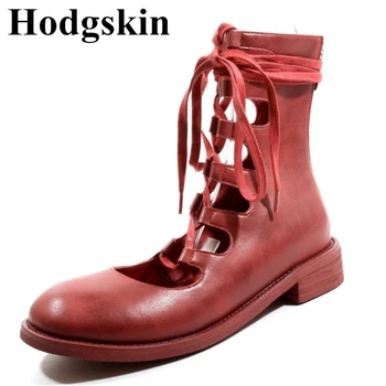 

Vintage Women Boots 2019 Fashion Shoes Woman Leather Mid-calf Boots Hollow Cross Laced Roman Sandals