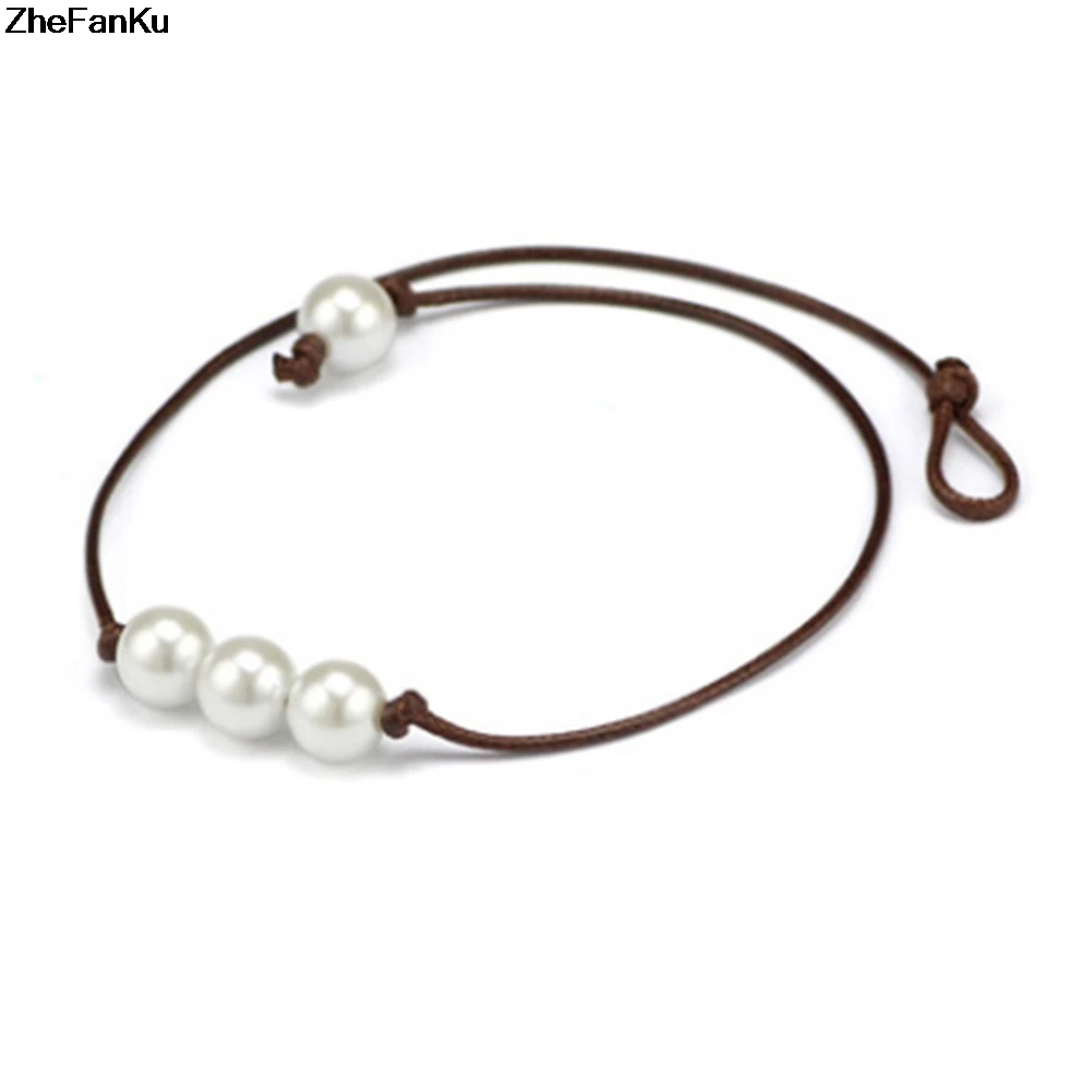 

Imitation White Pearl Necklace Three Pearls Brown Leather Choker Real Floating Pearl Pendant Handmade Jewelry