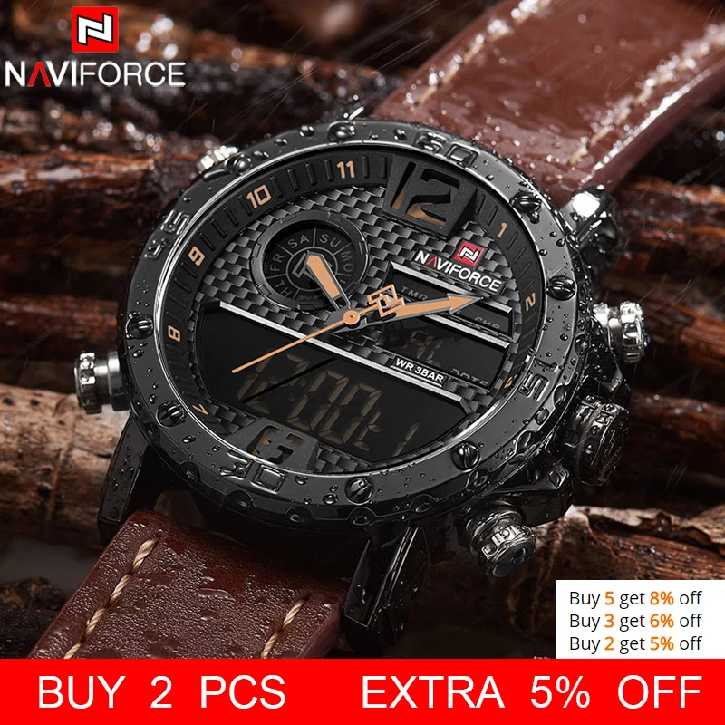 Модные часы NAVIFORCE, мужские, люксовый бренд, кварцевые наручные часы, мужские, повседневные, кожа, 30 м, водонепроницаемые, двойной дисплей, Relogio Masculino