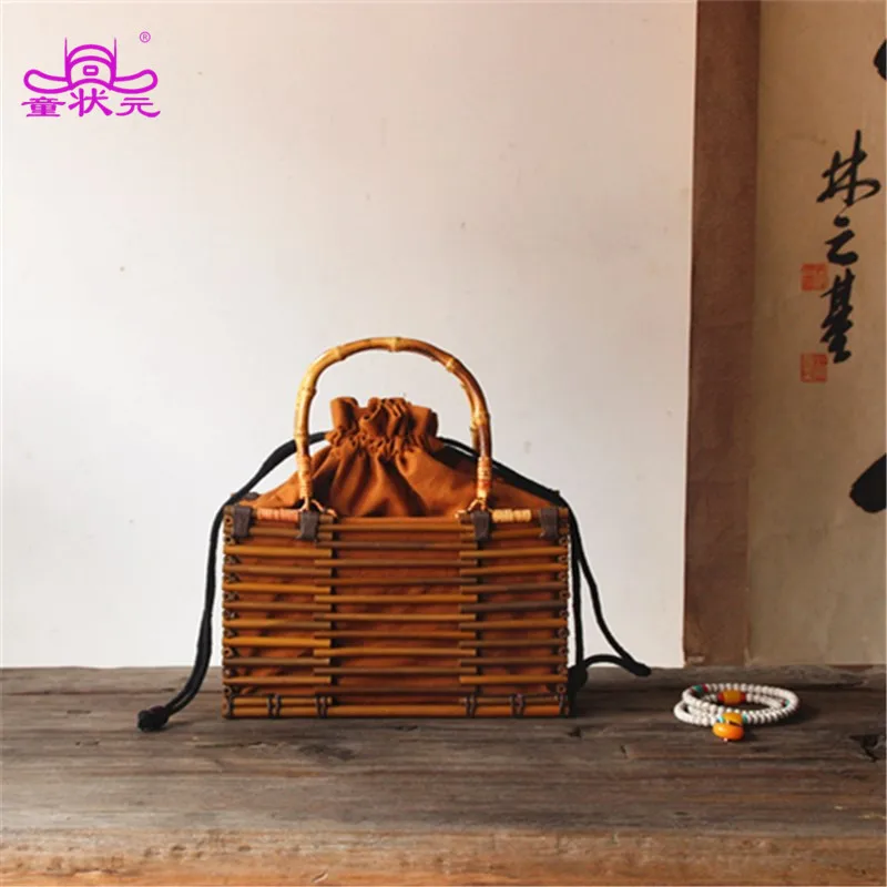 

TZY Chinese Style Women Bamboo Handbags Summer Style Beach Tote Design Lady Tea Bag Hollow Out Drawstring Bag For Female