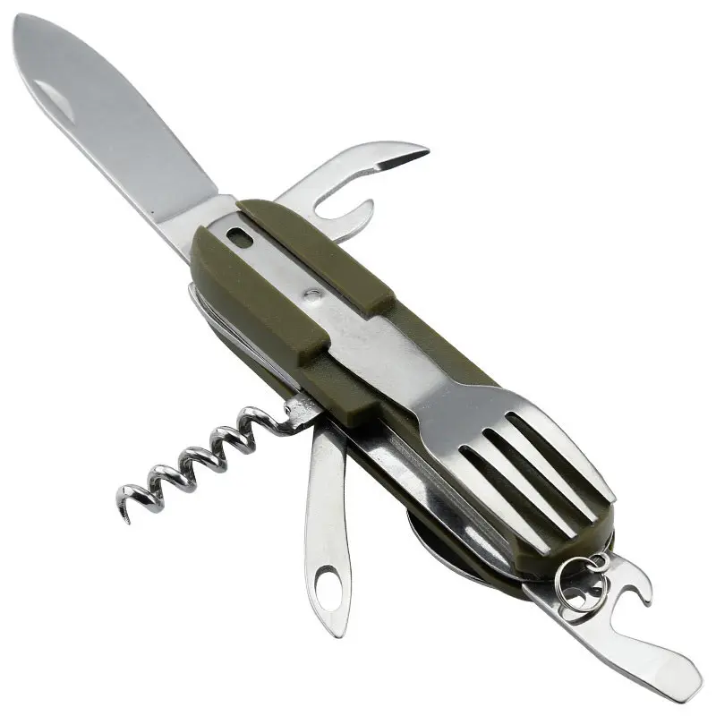 Outdoor Camping Folding Tableware Set Multipurpose Handle Fork Knife Spoon Bottle Opener Canvas Carry Pouch Picnic Cutlery Sets (10)