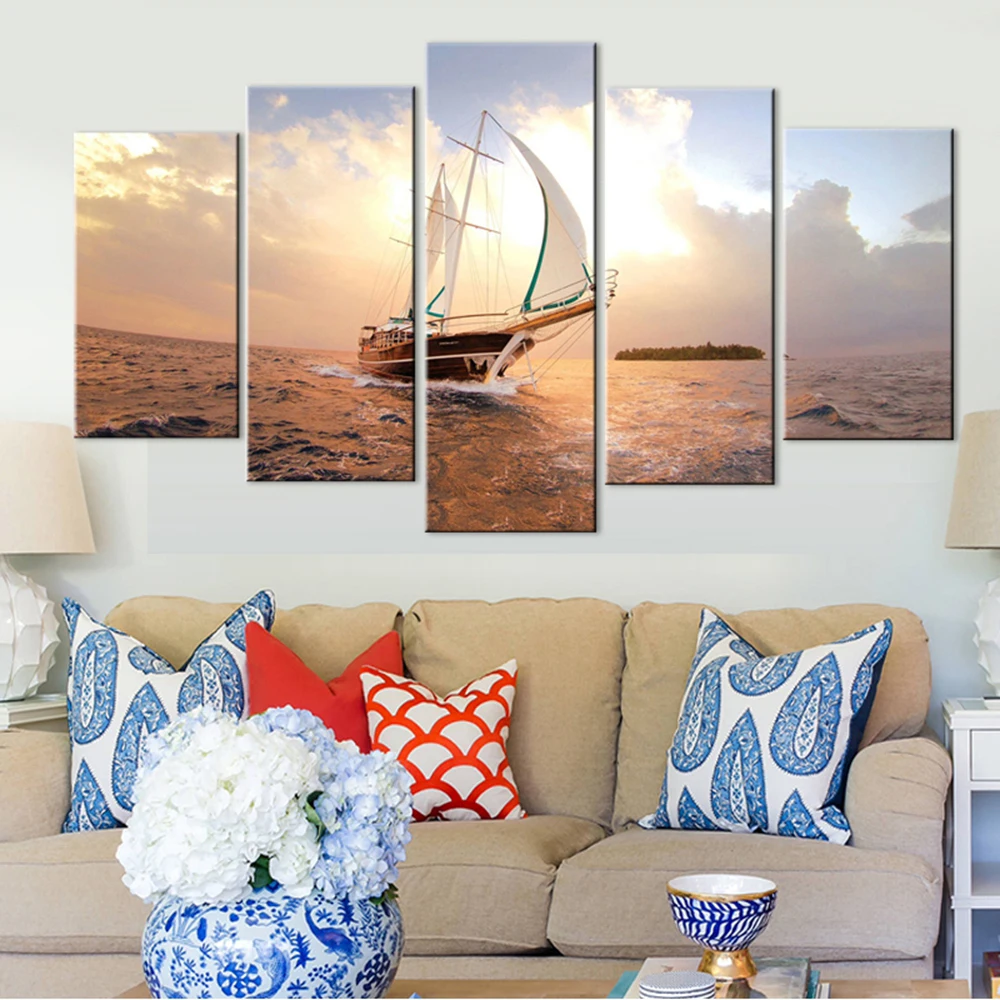 

Decor Modern Home HD Printed Framework Paintings 5 Panel Sunrise Ship Seaview Modular Posters Tableau Wall Art Canvas Picture