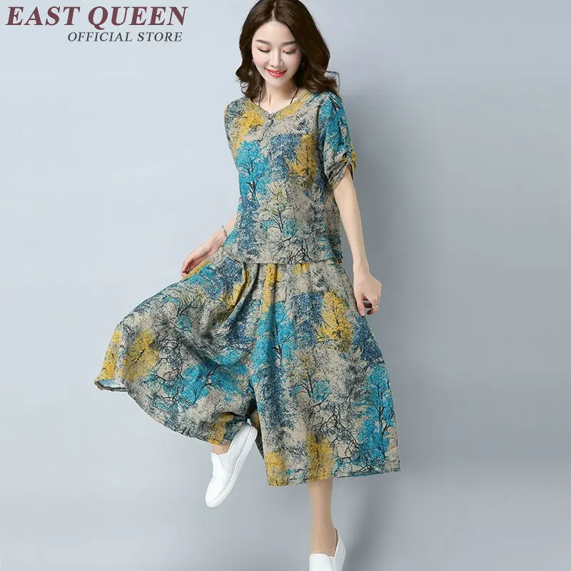 Китайский Восточный женский костюм из двух предметов летний брючный костюм для женщин винтажный цветочный принт элегантный женский брючный костюм AA2559 YQ