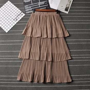 

Summer Solid Pleated Long Skirt Women Sweet Thin Fairy Cake Skirt Ladies High Waist Elegant Skirts