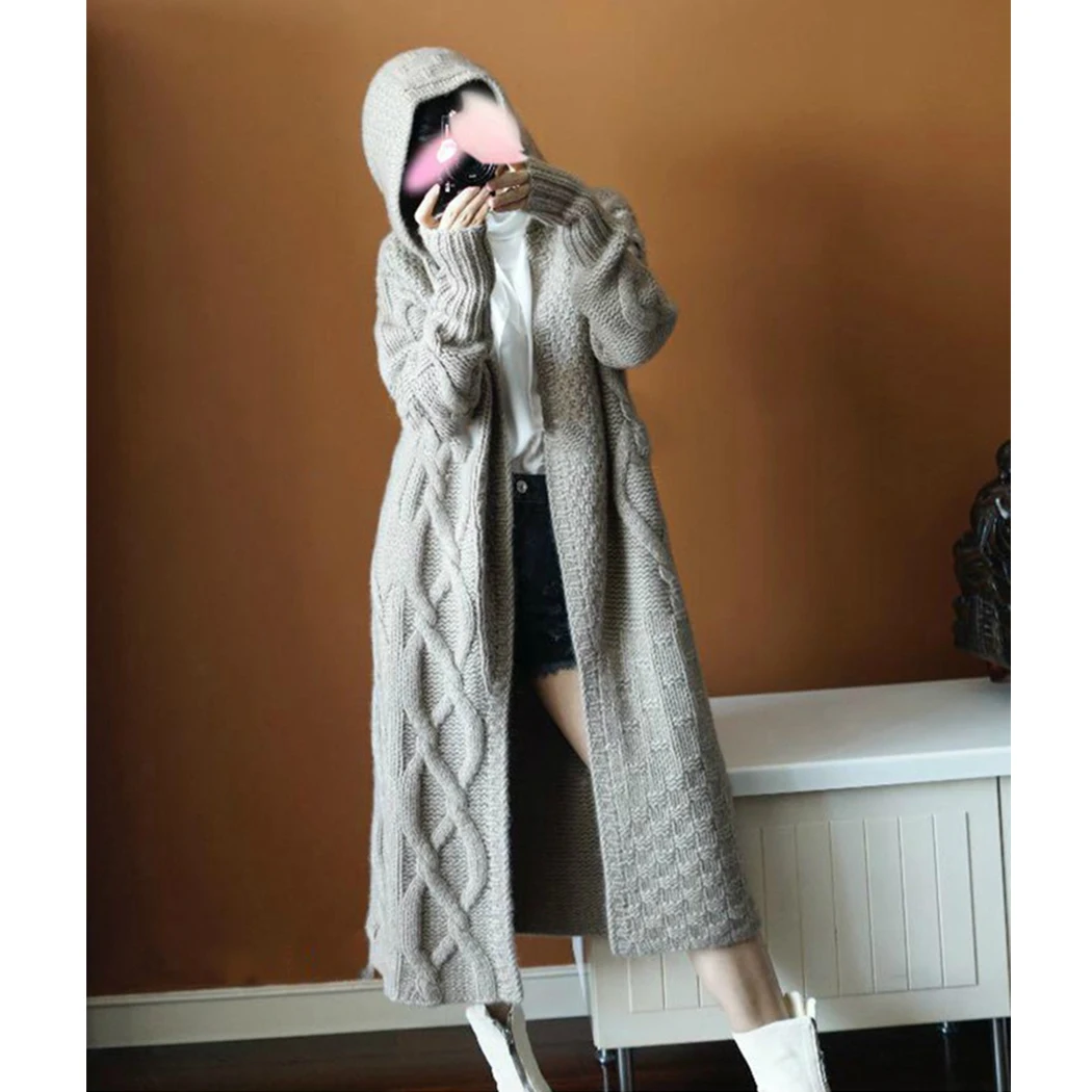 New Women Knitted Hooded Sweater Long Cardigan Autumn Long Sleeve Loose Sweaters Coat Female Warm Solid Cardigans Outwear