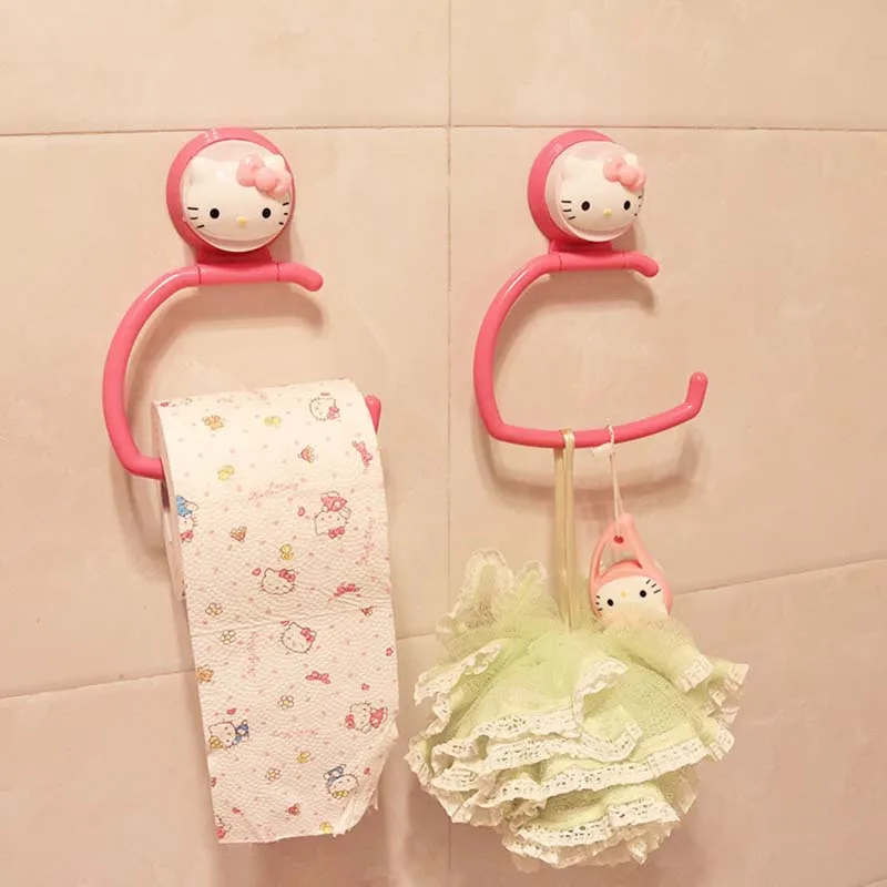 

Cartoon Hello Kitty Strength Seamless Wall Suction Hanger Towel Storage Rack Toilet Paper Holder Rack Bathroom Kitchen Tools C