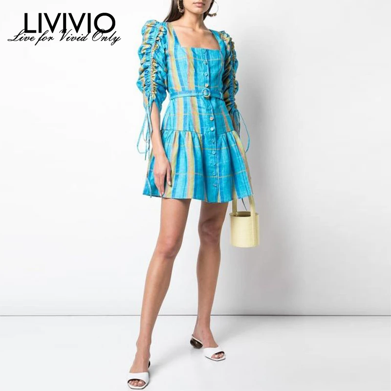 

[LIVIVIO] Summer Plaid Dress For Women Square Collar Puff Sleeve Lace High Waist Mini Dresses Female Elegant Fashion 2019