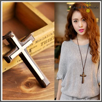 

12pcs/lot Vintage Style Leather Rope Wood Cross Necklace Casual Long Sweater Necklace Wholesale Women's Choker Cheap Necklace