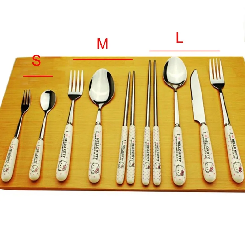 

1PC Dinnerware Hello kitty Cartoon Ceramic Handle Stainless Steel forks Tableware Sets Forks Knifes Tableware B0