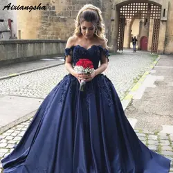Темно-синие вечерние платья 2019 бальное платье с открытыми плечами лиф сердечком, кружевная Аппликация атлас элегантный длинный формальный