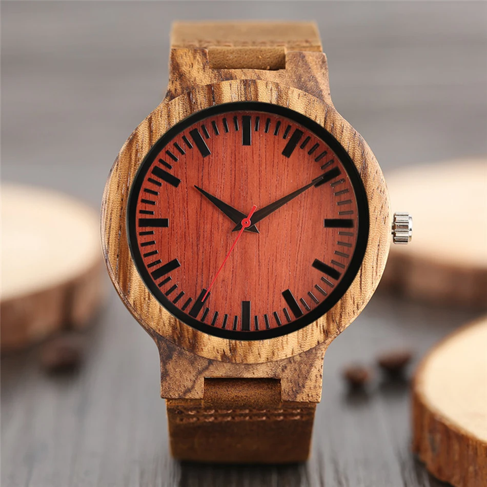 Creative Wooden Wrist Watch Genuine Leather Band Strap Analog Bamboo Quartz Handmade Red Face Wood Watch for Gifts YISUYA (18)