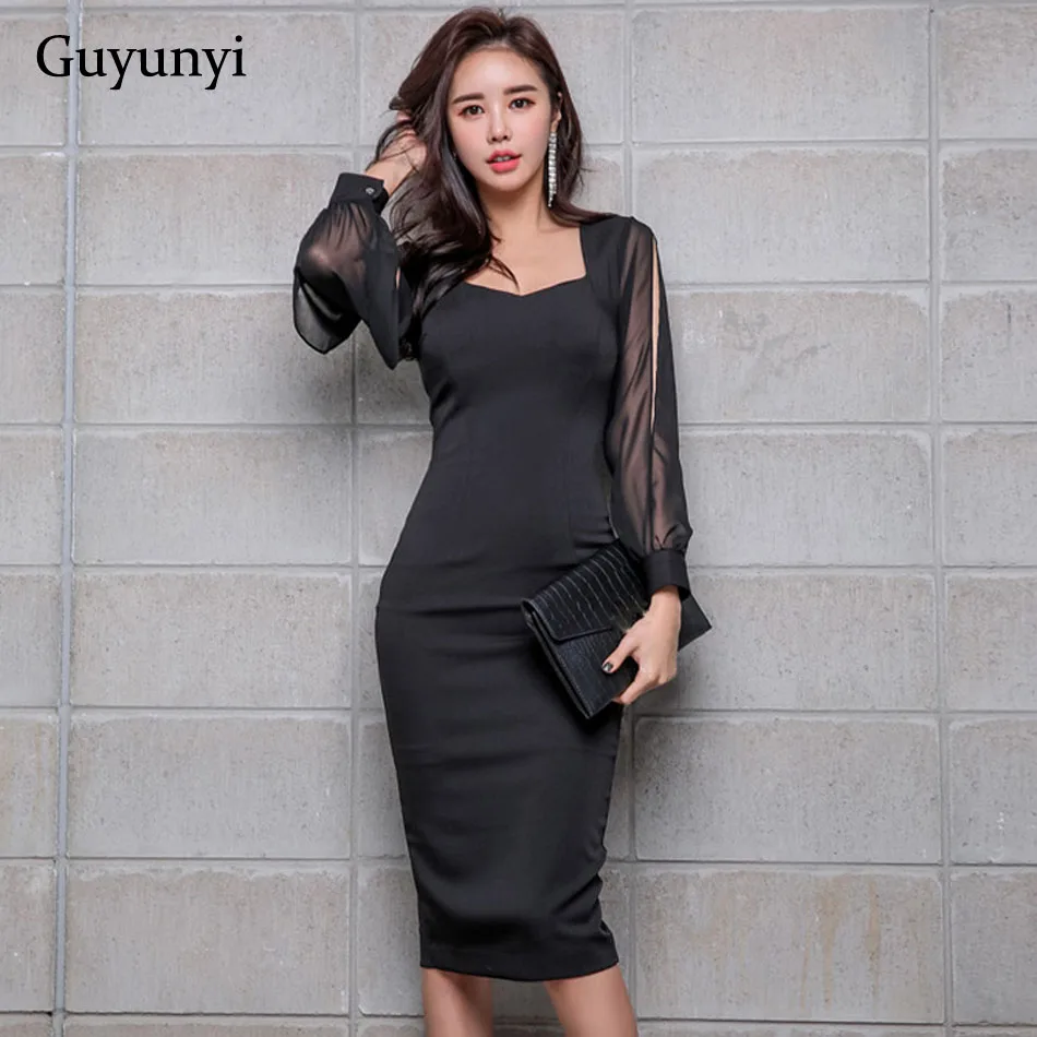 Comprar Vestido de oficina elegante negro 2019 vestido de primavera para mujer Chifón con mangas de nueve puntos vestido de lápiz de Athens