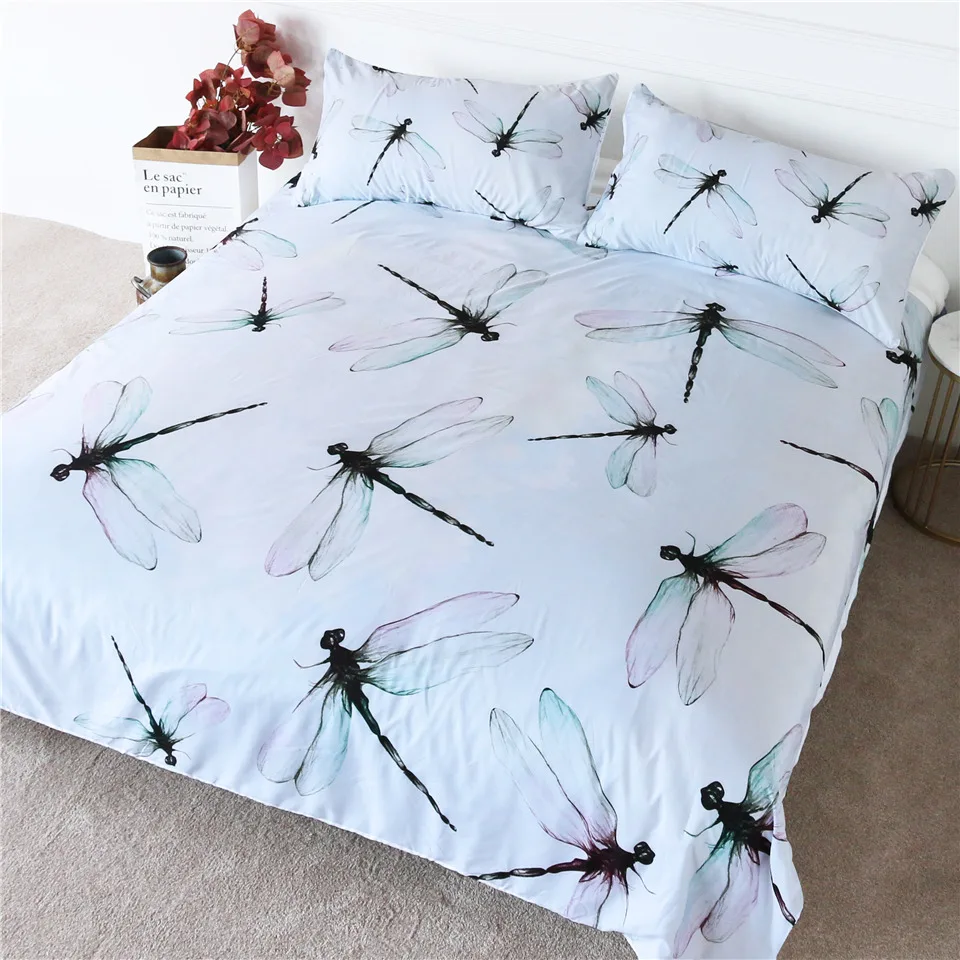 BlessLiving Dragonfly Bedding Set Simple White Duvet Cover Light Green
