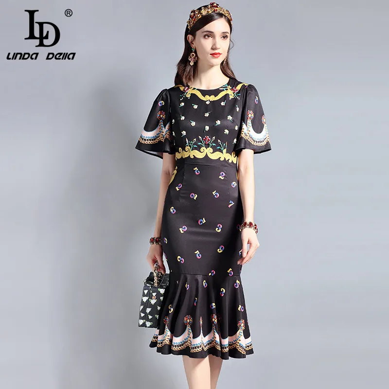 

LD LINDA DELLA Runway Designer Summer Dress Women's Short sleeve Bodycon Vintage Floral Print Beading Sexy Mermaid Party Dress