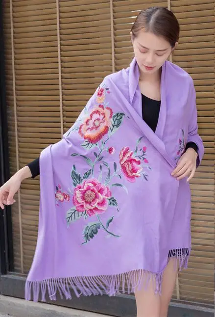 Кашемировый шарф с вышивкой, зимняя женская шаль с цветочным принтом, хиджаб, цветы, толстые шарфы, длинные шали, размер 200*70 см - Цвет: purple