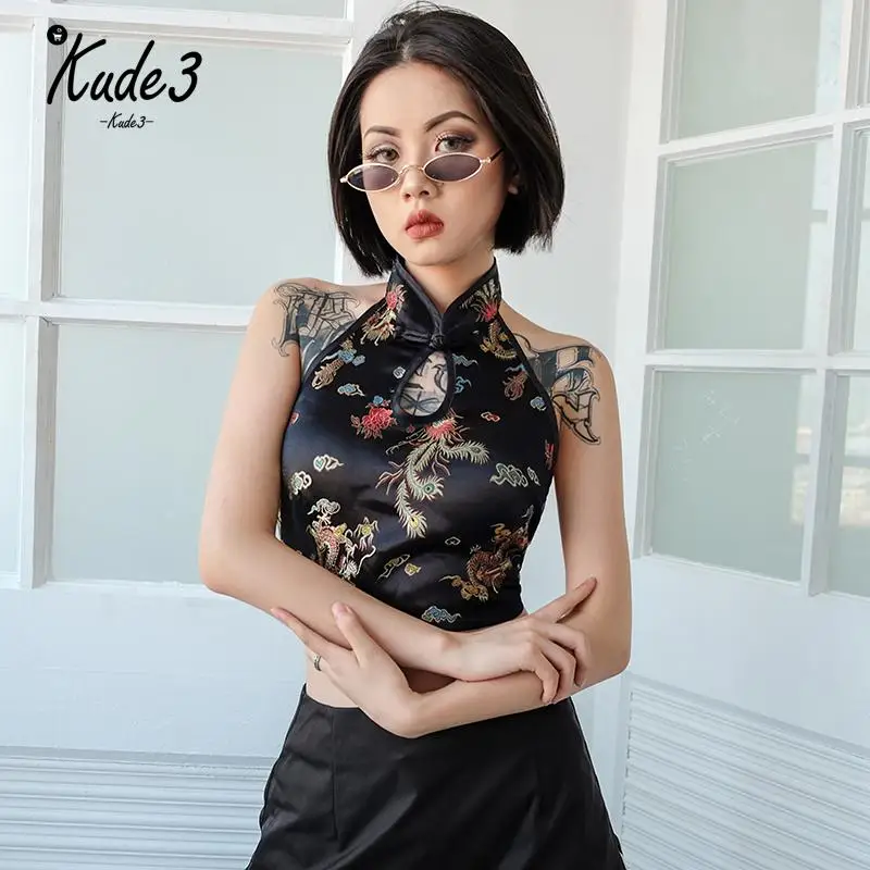 

KUDE Chinese style backless halter top women vest lace up dragon embroidery vintage crop tops sexy tank top 2018 clothing 4829