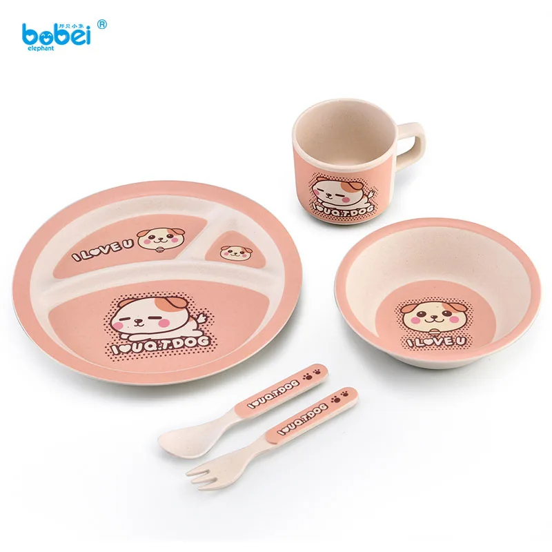 

cute bamboo fiber newborn baby boy girl dinnerware set for training baby dinner feeding 5 pieces one set with cartoon painting