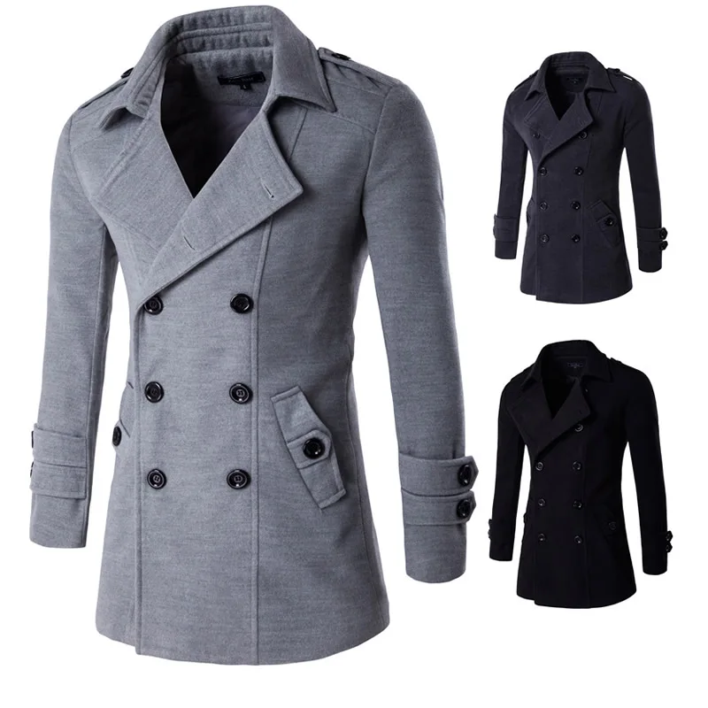 Mens Slim Fit Wool Long Overcoat Jacket Tops Double Ted Coat Men Long Wool Coat Winter Jackets And Coats Slim Fit Windbreaker High Quality Trench