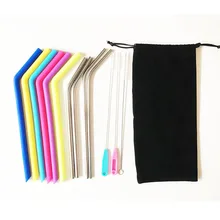 50 компл./лот изогнутые соломинки 6 пищевой силиконовые Соломинки+ 2 соломка из нержавеющей стали+ 3 щетки+ 1 сумка из черного бархата