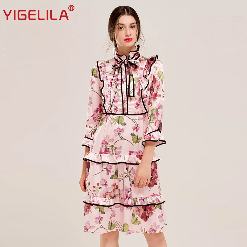 

YIGELILA Brand 62233 Latest New Women Vintage Elegant Stand Neck Three Quarter Sleeve Print Dress