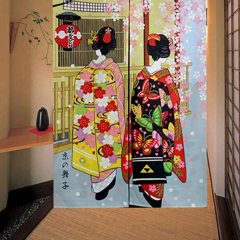 Japanese Style Long Doorway Curtain Kyoto Geisha Girls And Cherry Blossom Window Treatment Tapestry For Home Decoration 33.5 X