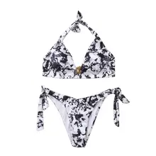 Womens Sexy Two Piece Floral Ink Painting Bikini Set Halter Deep V-Neck Triangle Bra Gold Metal Pendant Low Waist Side Tie Bowkn floral tie side tassel bikini set