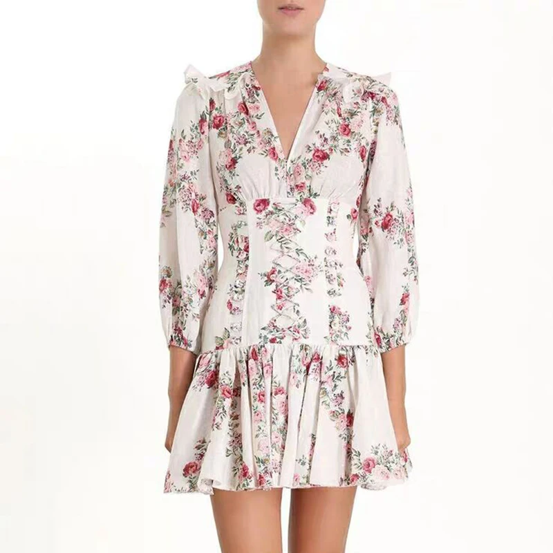 

HIGH QUALITY Newest 2019 Designer Dress Women's Wrist Floral Print Cotton Dress