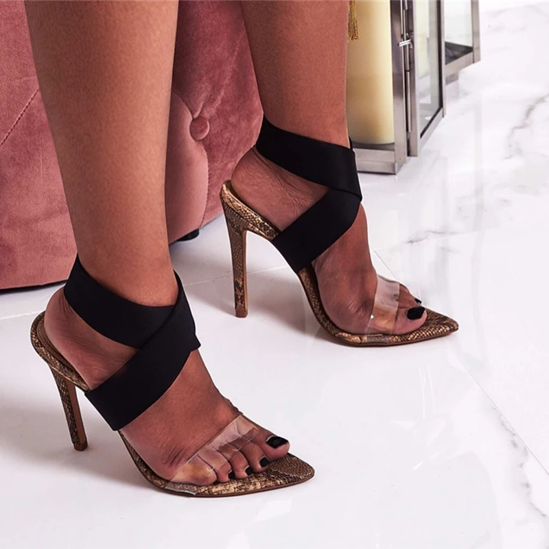 

2019 Summer Sexy Women 11cm High Heels Cross Stretch Strap Stripper Sandals Female Fetish Shoes Lady Serpentine Snakeskin Pumps