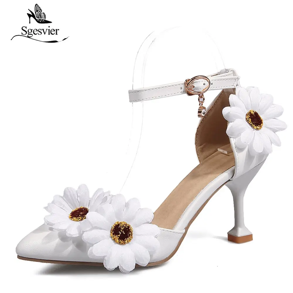 

SGESVIER Women Sandals 2018 Sweet Flowers Pointed Toe Thin Heels Woman Shoes White Pink Female Sandals Plus Size 32-46 B70