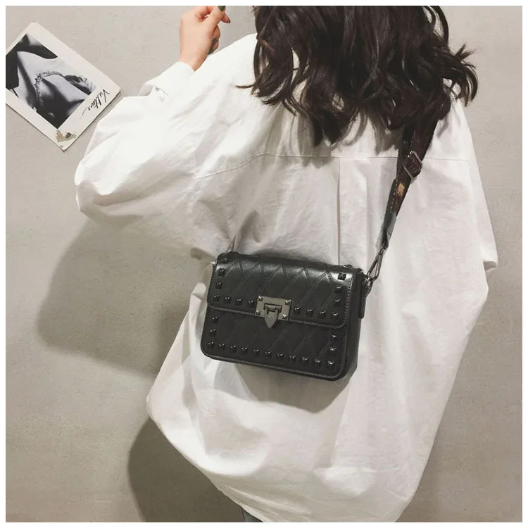Women's Fashion Rivets Crossbody bag Luxury Brand PU leather Shoulder Bags Female Red Punk Style Wide Strap Street Handbag Purse (26)