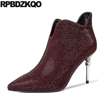 

Sheepskin Suede Booties Fashion Fur Bling Rhinestone Women Pointed Toe High Heel Stiletto Sexy Shoes Winter Metal Boots Wine Red