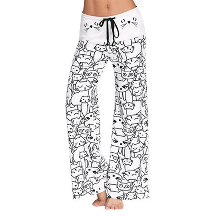

Khoshtib Women's Pants Summer Digital Print Cartoon Cat Pattern Big Flare Pants Wide Leg Pants Fashion casual