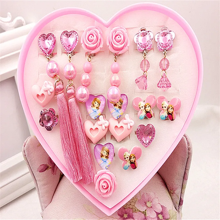 

Children without ear hole baby long ear clip Girl Gift Princess suit Fake Earring Ring Gift Box