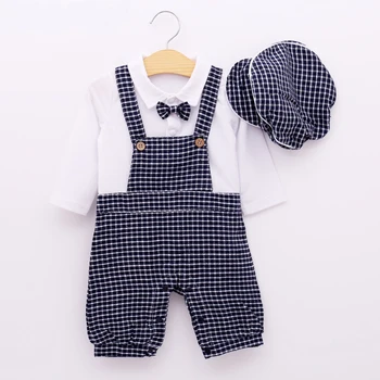 

2018 Autumn Baby Boy Set Style Gentleman Bow Decoration White Long Sleeve T-Shirt + Grid Bib Pants + Hat Boy Clothes
