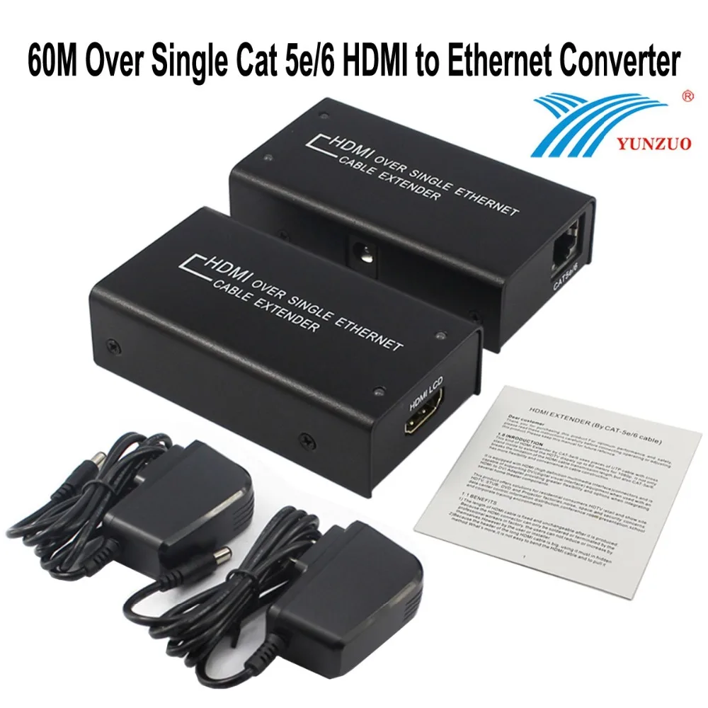 

HDMI Extender 60M Over Single Cat5e6 UTP Cable 1080P 3D Repeater HDMI to Ethernet Converter w/ RJ45 Adapter for HDTV, STUB, DVD