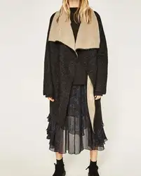 2017 весенние модные женские темно-серый Двусторонняя пальто кардиган большой острым лацканами и с длинными рукавами накладными карманами