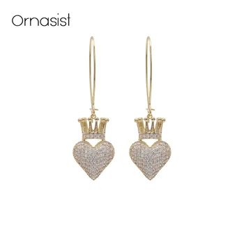 

Sweet Heart Crown Dangle Earring For Women Girls 2019 New AAA Zircon Long Drop Earrings