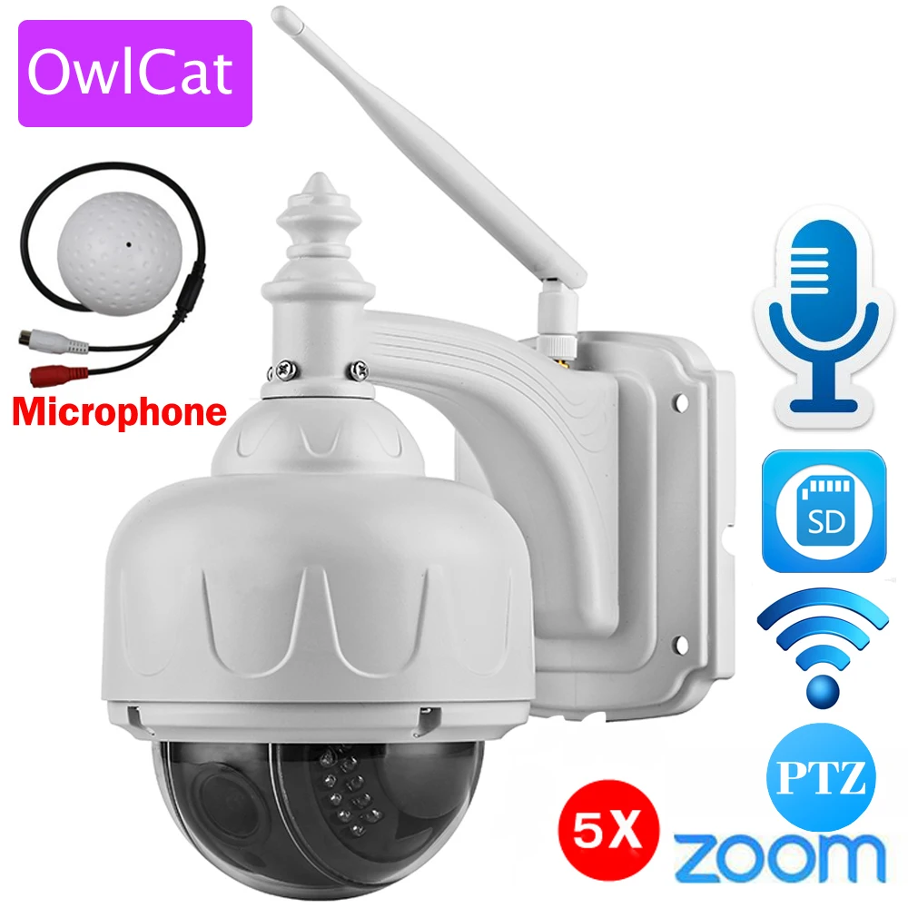 OwlCat 무선 IP 카메라 돔 PTZ 야외 외부 마이크 오디오 