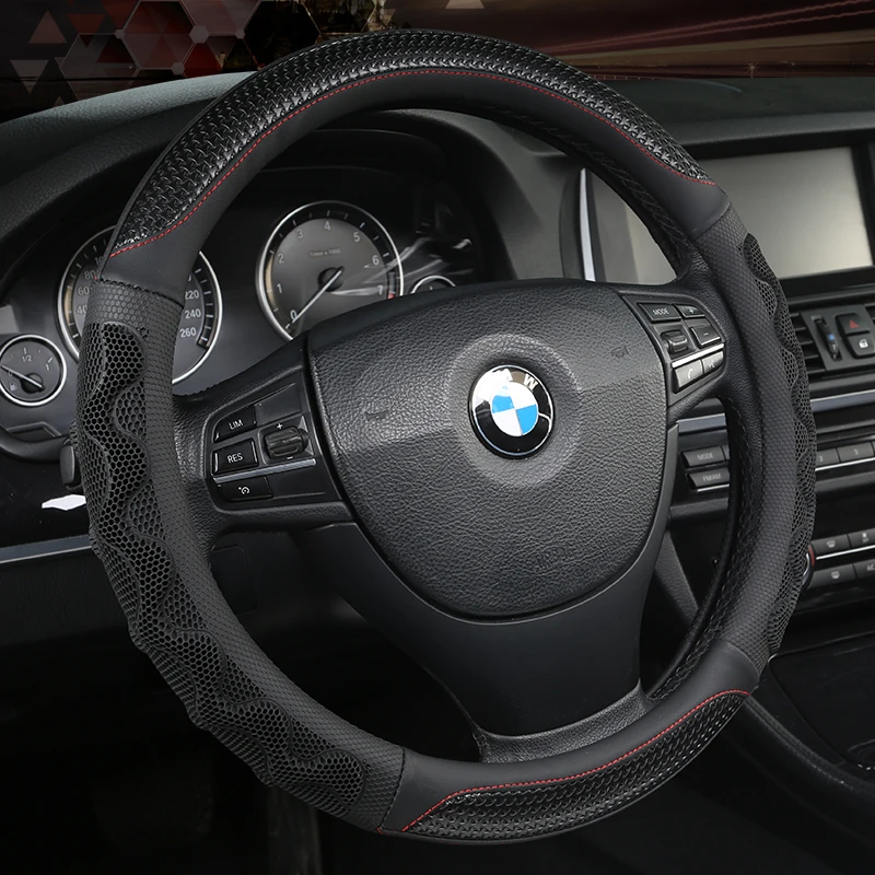 

KKYSYELVA Car Interior Accessories Black Auto Sports Steering Wheel Cover Leather 38cm Vehicle Truch Steering Covers