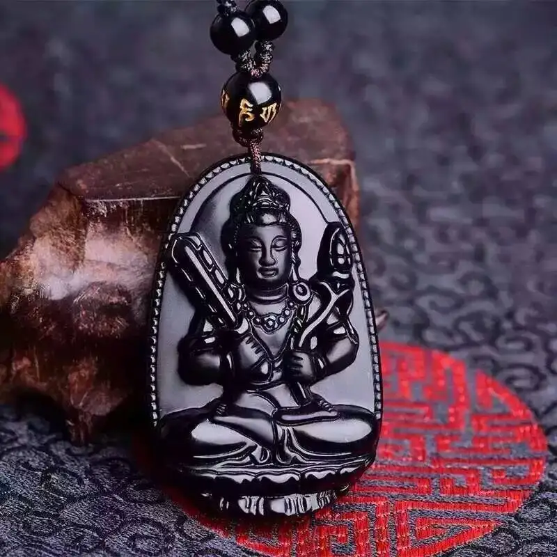 Free shipping Free shipping Free Shipping Natural obsidian vanity hidden patron bodhisattva ox tiger necklace pendant with rope