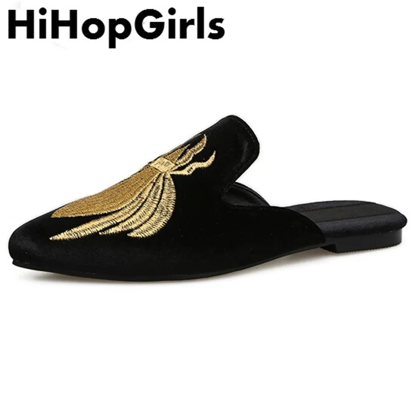 

HiHopGirls 2018 Summer Rome Solid color Suede Leisure Pumps Women Sandals fashion Shallow mouth Bee embroidery Lazy Woman Shoes