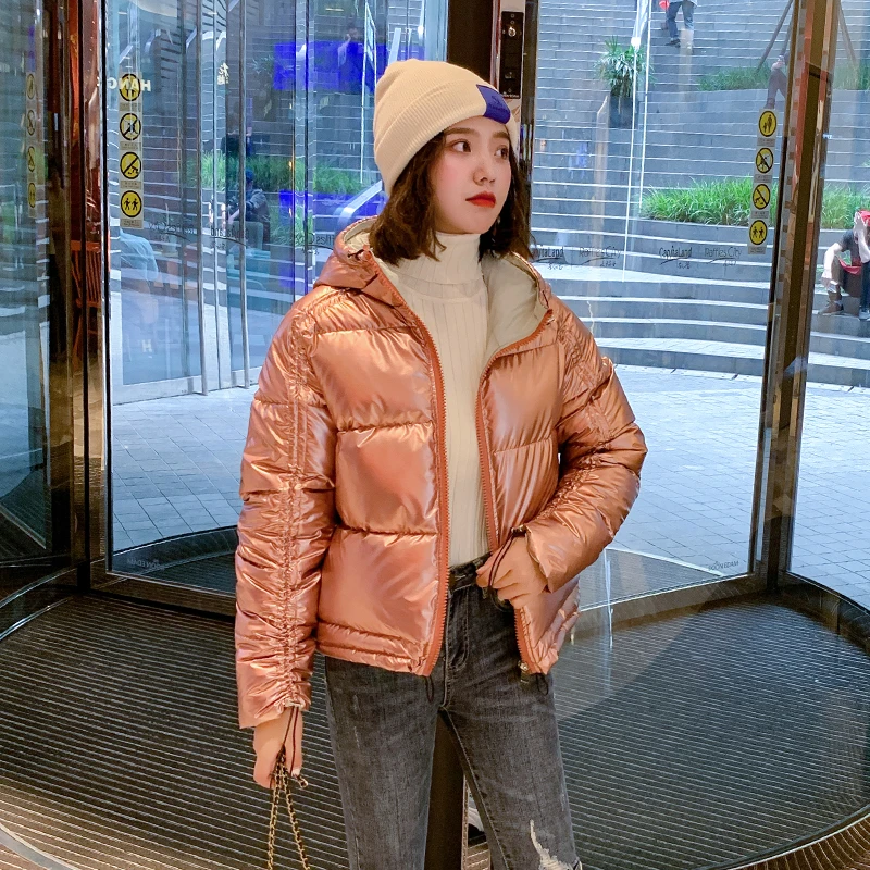 Новое поступление Женская зимняя куртка блестящая ткань с хлопковой подкладкой теплое плотное короткое пальто с капюшоном Модная парка