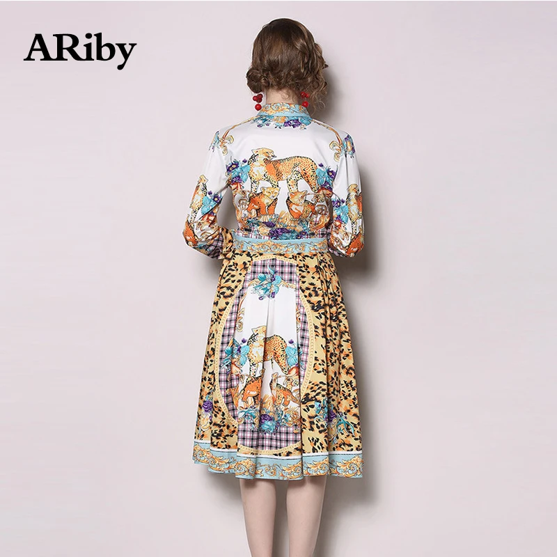 Women Dress Turn-down Collar Dress Spring 2019 New Fashion Lady Vintage Elegant Temperament Printed Long-sleeved A-Line Dresses