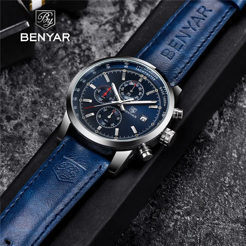 BENYAR спортивные мужские часы Топ бренд класса люкс бизнес мужской кожаный Хронограф Кварцевые военные наручные часы Мужские часы Reloj Hombre