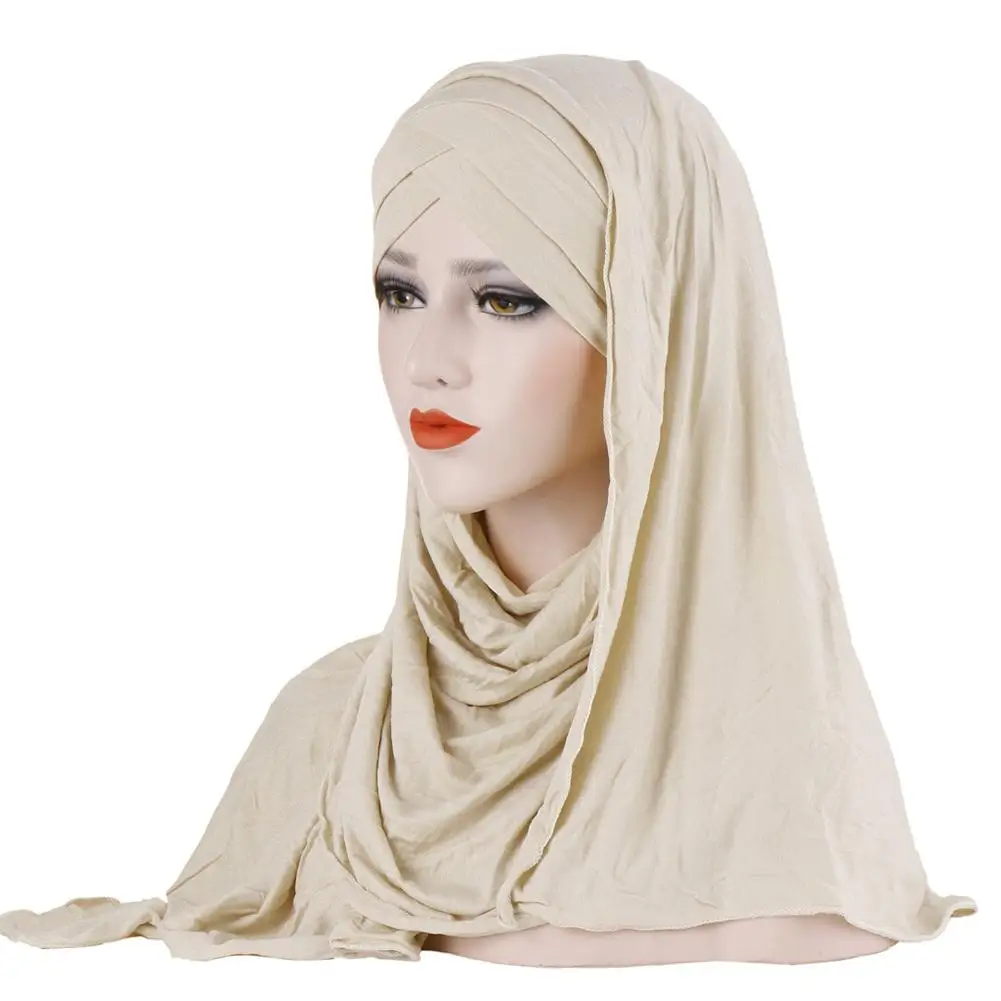 

2019 Women Plain Soft Cotton Jersey Scarf Head Hijab Wrap Instant Shawls Foulard Femme Muslim Hijabs Ready To Wear Headscarf