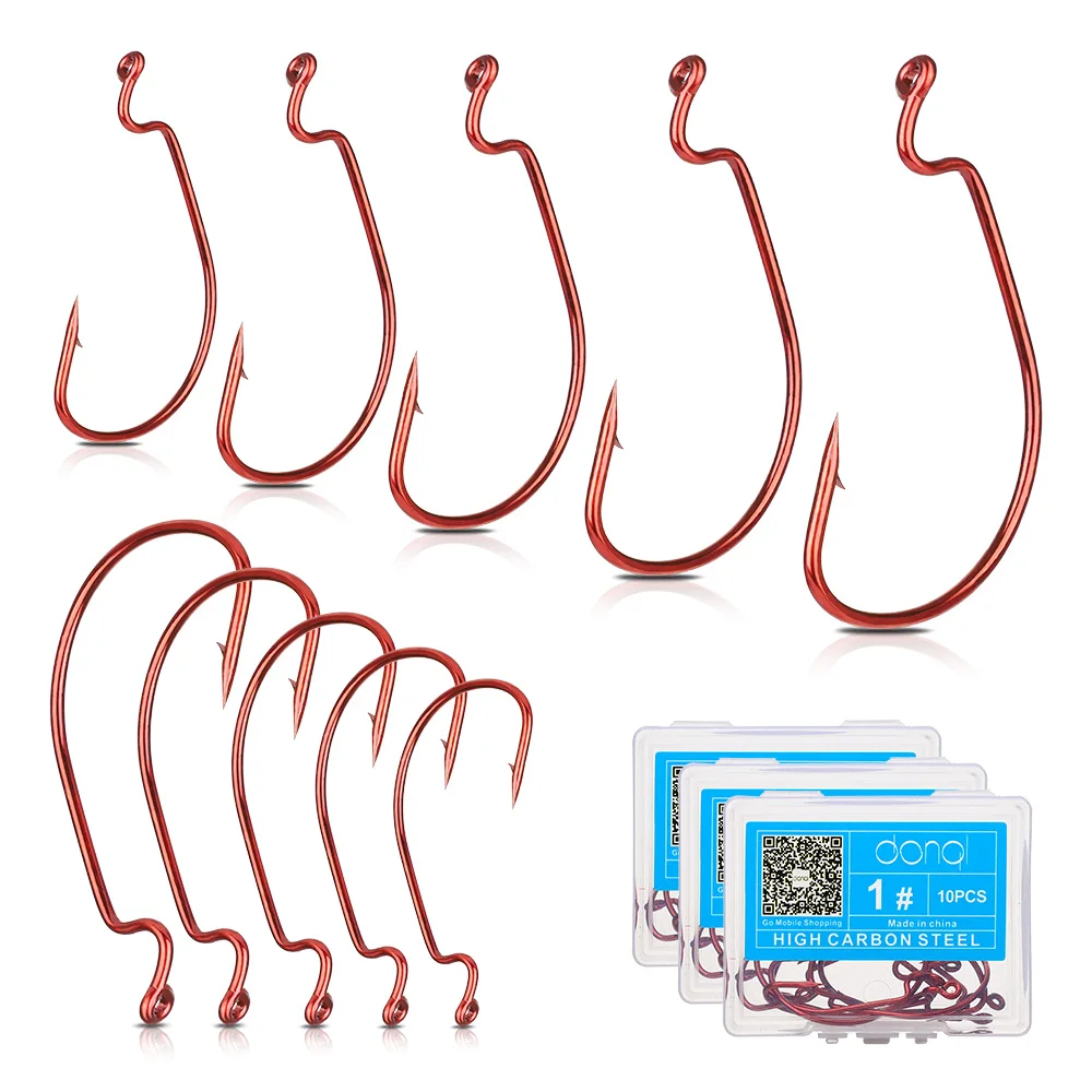 

DONQL 10pcs/ Set Wide Crank Offset Fishing Hook Carbon Steel Red Barbed Fishhook For Soft Worm Lure 5/0#-1# Carp Fishing Hooks