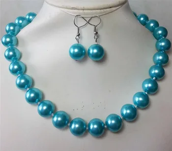 

Prett Lovely Women's Wedding FREE shipping>>>>>>Charming! 14mm blue South Sea Shell Pearl Necklace 18"Earrings UHE097