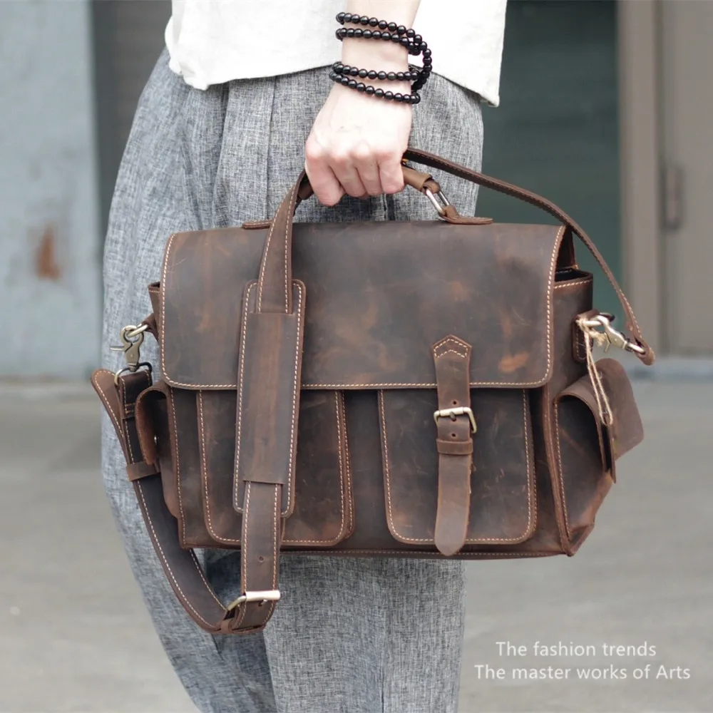 

High Grade Crazy Horse Leather Bag Vintage Genuine Leather Men Handbags Durable Laptop Bag Casual Business Leather Briefcase